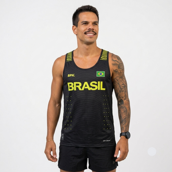 Camiseta Regata Corrida Maratona Running Brasil Proteção Uv - Preta/Verde