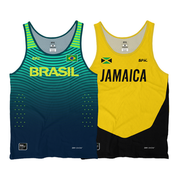 Kit 2 Camisetas Regata Corrida Maratona Brasil & Jamaica Proteção UV+ Azul/Verde e Amarelo/Preto