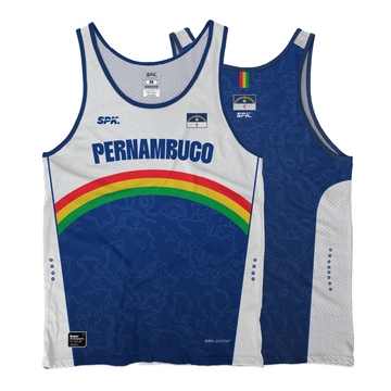 Camiseta Regata Corrida Maratona Running Pernambuco Team - Branco/Azul Marinho