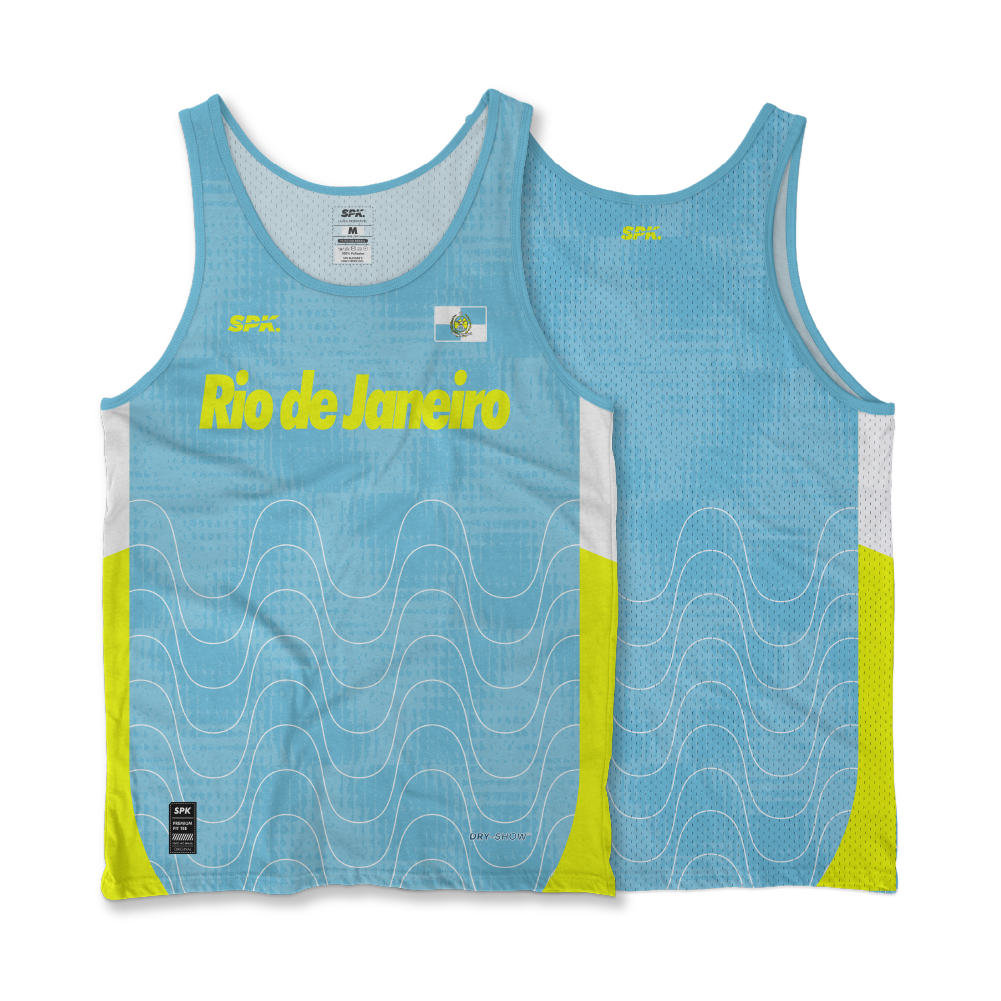 Camiseta Regata Corrida Maratona Running Rio de Janeiro Carica Vibe -  Azul claro/Amarelo fluorescente/Branco
