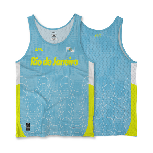 Camiseta Regata Corrida Maratona Running Rio de Janeiro Carica Vibe -  Azul claro/Amarelo fluorescente/Branco