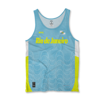Camiseta Regata Corrida Maratona Running Rio de Janeiro Carica Vibe -  Azul claro/Amarelo fluorescente/Branco