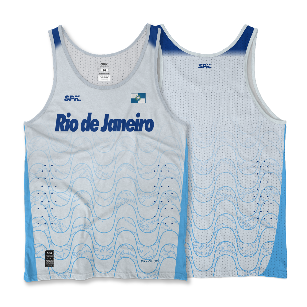 Camiseta Regata Corrida Maratona Running Rio de Janeiro Team - Branco/Azul