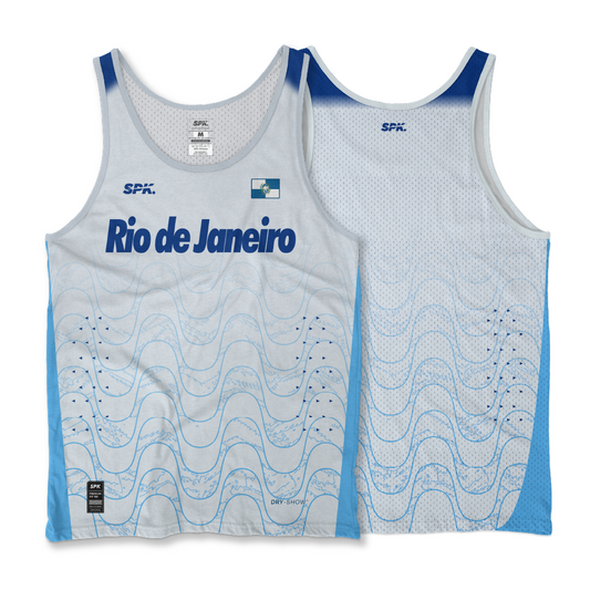 Camiseta Regata Corrida Maratona Running Rio de Janeiro Team - Branco/Azul