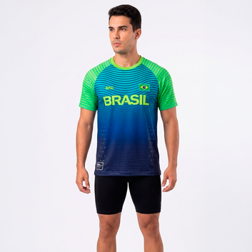 Camiseta Corrida Maratona Running Brasil Proteção Uv - Azul/Verde Florescente