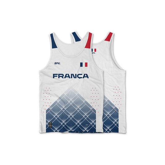 Camiseta Regata Corrida Maratona Atletismo Running França 22 Proteção Uv - Branca/Azul
