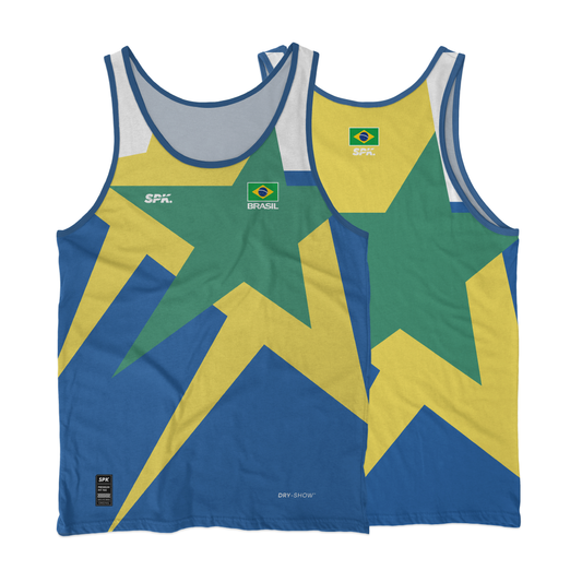 Camiseta Regata Corrida Maratona Running Estrelas Brasil Tetra Proteção Uv - Verde/Azul/Amarelo
