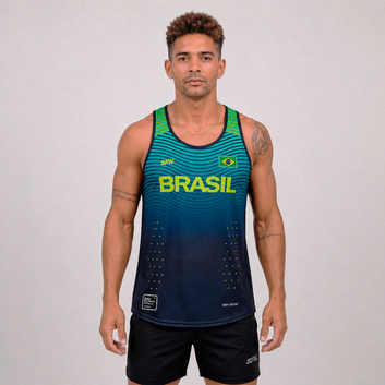 Camiseta Regata Corrida Maratona Running Brasil Proteção Uv - Azul/Verde Florescente
