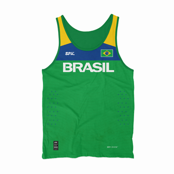 Camiseta Regata Corrida Maratona Team Pro Running Brasil 2015 Proteção Uv - Verde/Azul/Amarelo