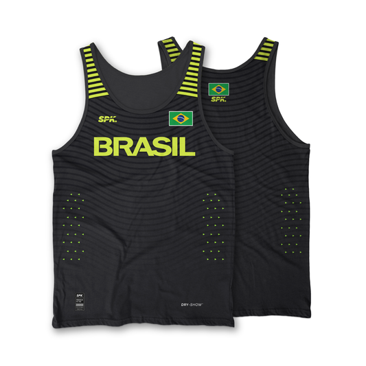 Camiseta Regata Corrida Maratona Running Brasil Proteção Uv - Preta/Verde